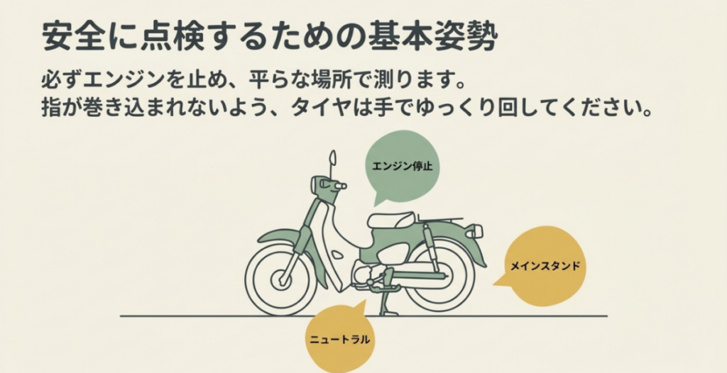エンジン停止、ニュートラル、メインスタンドの3条件でスーパーカブのチェーンを安全に点検する方法を示した図