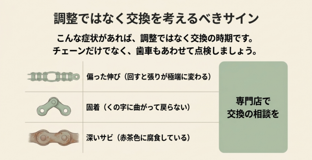 チェーンの偏伸び、くの字に曲がって戻らない固着、赤茶色の深い錆を交換サインとして示した図