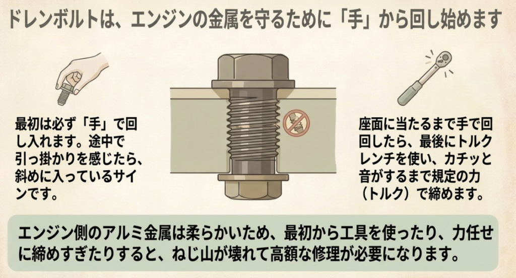 ドレンボルトの斜めねじ込みを防ぐため、最初は手で数回転入れ、座面に当たってからトルクレンチで締める手順を示した図。