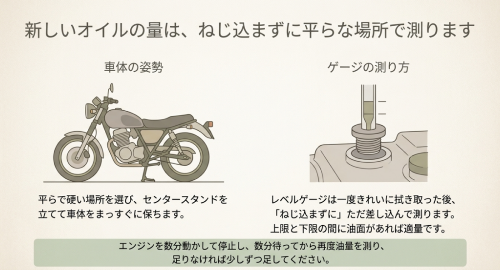 平らな場所でセンタースタンドを立て、レベルゲージをねじ込まずに差し込み、上限と下限の間に油面があるか確認する方法を示した図。