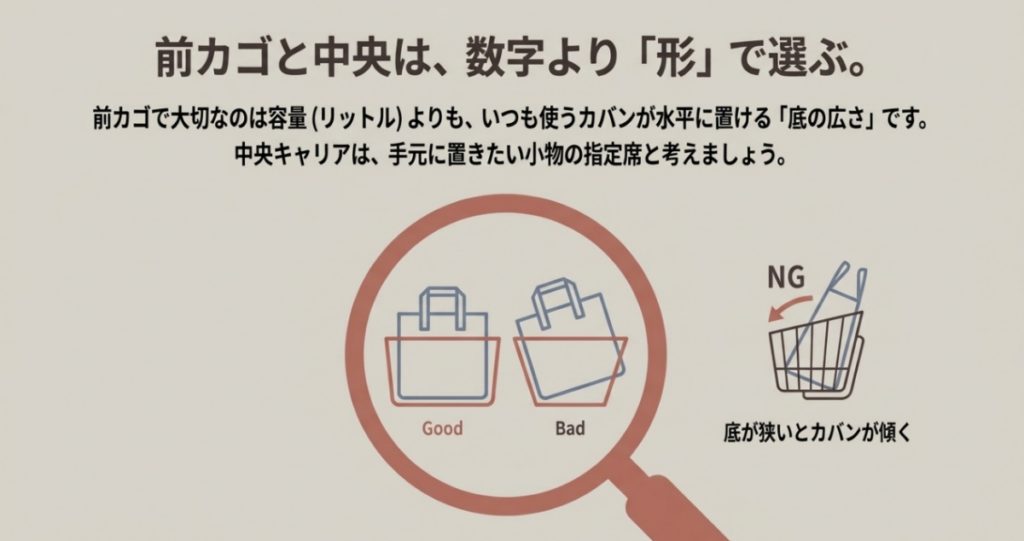 前カゴの底面が狭いとバッグが傾く例を示し、容量だけでなく底の広さを確認する図