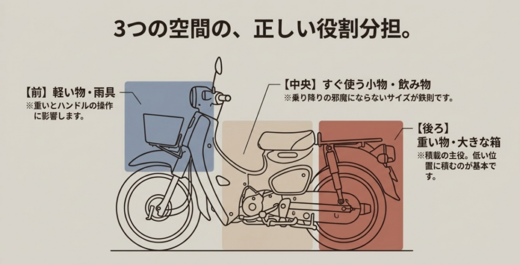 前カゴには軽い物や雨具、中央には小物、リアには重い物や大きな箱を載せる配置図