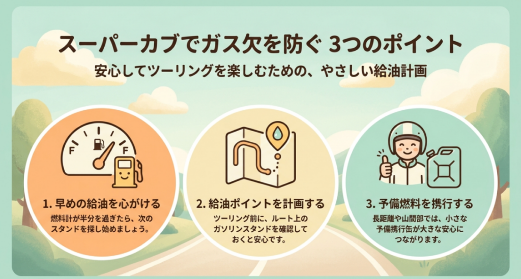 スーパーカブのガス欠対策として早めの給油、給油地点の事前確認、必要な場合のみ予備燃料を検討する流れを示した図解