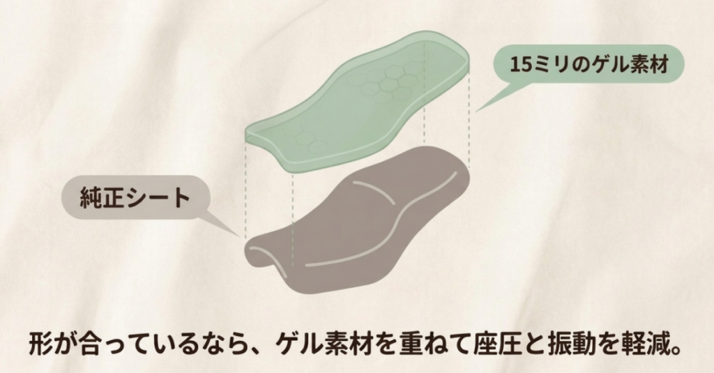 スーパーカブの純正シートに厚さ約15mmのゲルザブCを被せるイメージ図