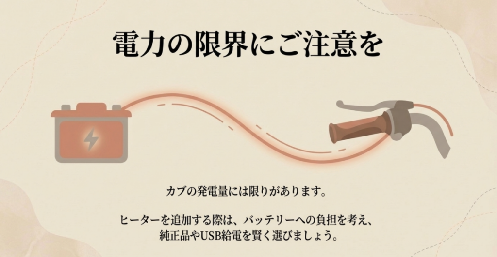グリップヒーターを追加するときは車両の発電能力とバッテリーへの負荷を確認するよう示したスライド