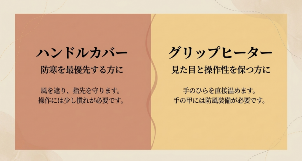 ハンドルカバーは走行風を遮り、グリップヒーターは手のひらを温めるという違いを比較したスライド
