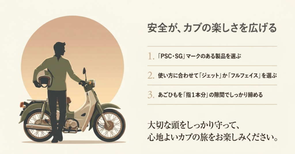 PSC・SG、ジェットまたはフルフェイス、適切なあご紐調整をまとめたスーパーカブ用ヘルメットの選び方