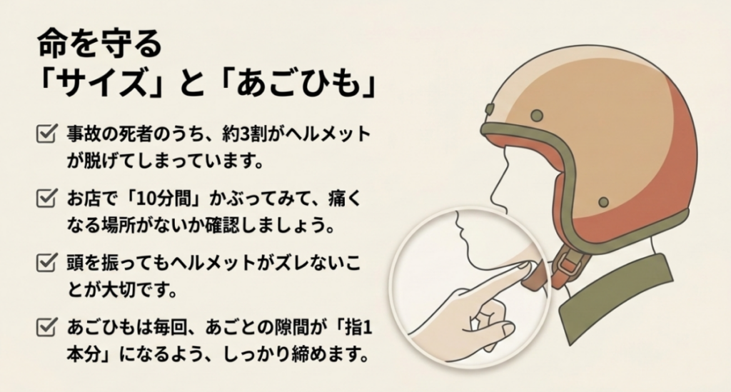 ヘルメットの脱落を防ぐために10分間試着し、あご紐を指1本分の隙間に調整する方法