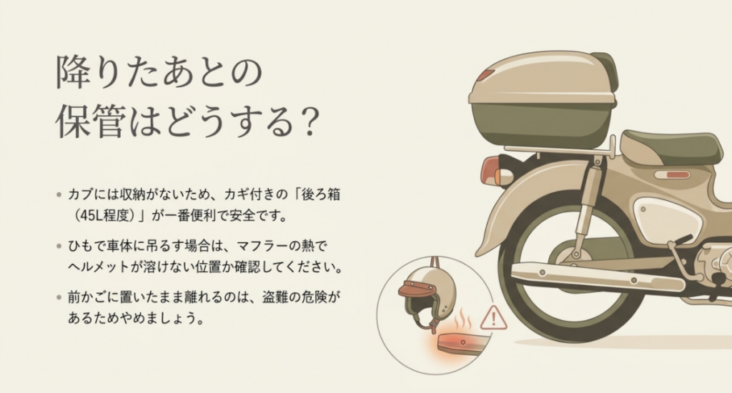 スーパーカブの45Lリアボックス、マフラーの熱を避ける保管位置、盗難対策のポイント