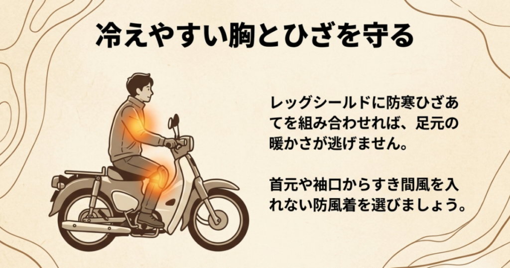 スーパーカブのレッグシールド用防寒ひざあてと、首元や袖口から風が入らない防寒着を紹介するスライド