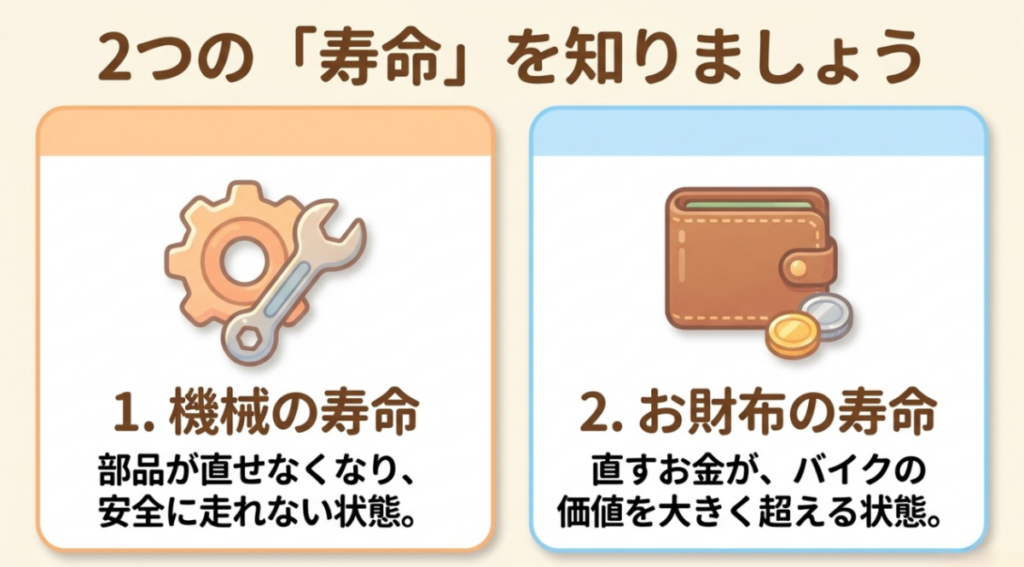 部品を直せず安全に走れない機械的寿命と、修理費が車両価値を大きく上回る経済的寿命を比較した図
