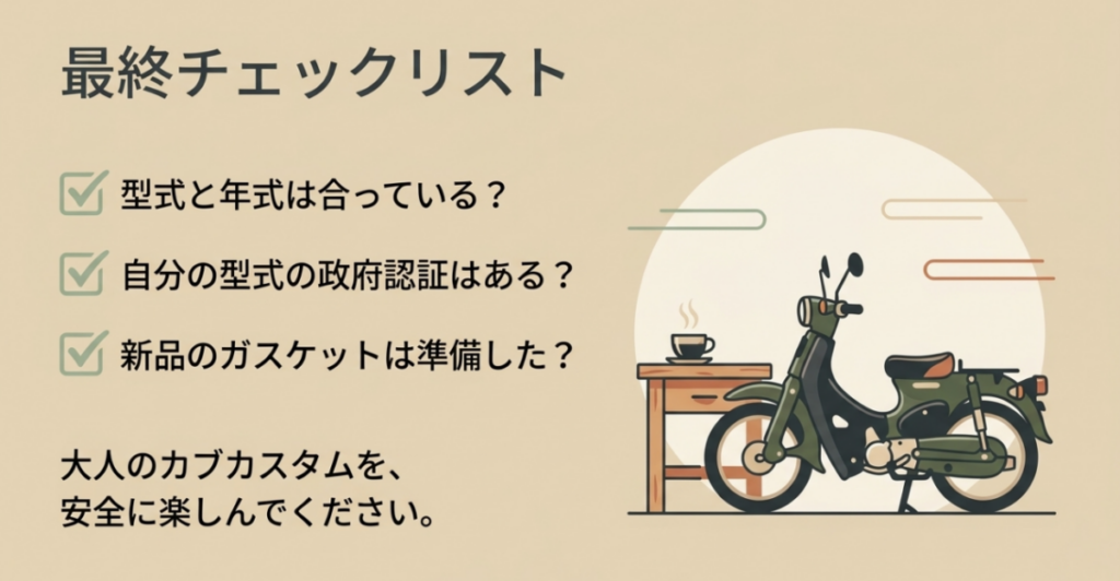 型式と年式、車両型式に対応する政府認証、新品ガスケットを確認するスーパーカブ用マフラーの最終チェックリスト