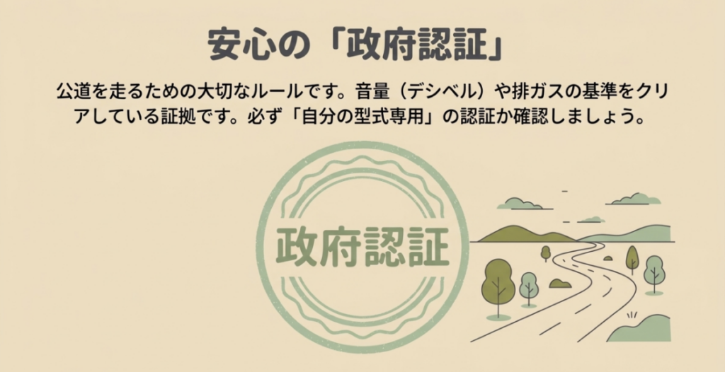 公道用マフラーは騒音と排ガスの基準を満たす自分の車両型式向けの政府認証品を確認する説明