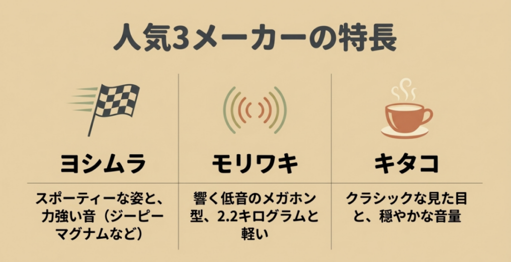 ヨシムラ、モリワキ、キタコのスーパーカブ用マフラーについて見た目、音、重量の特徴を比較した図