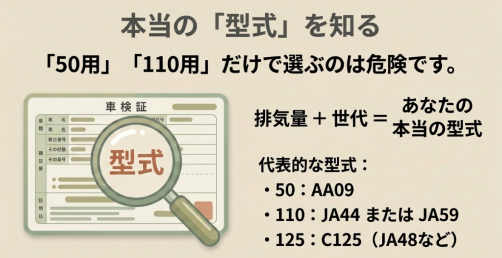 スーパーカブ50はAA09、110はJA44・JA59、C125はJA48など、排気量と世代から型式を確認する図