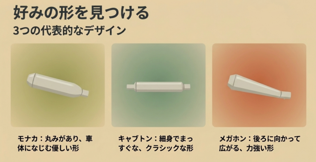 モナカ、キャブトン、メガホンという3種類のスーパーカブ用マフラー形状と見た目の特徴を比較した図