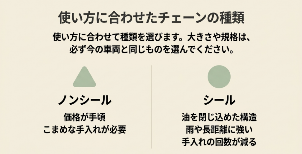 ノンシールチェーンは安価でこまめな手入れが必要、シールチェーンは雨や長距離に強いという特徴を比較した図