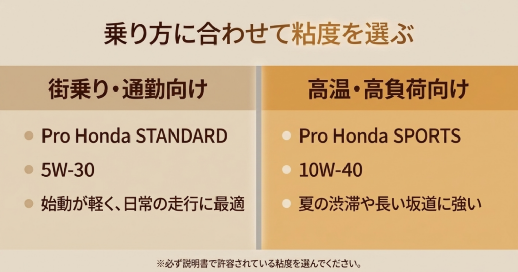 街乗り向けのPro Honda STANDARD 5W-30と、高温・高負荷時の候補であるPro Honda SPORTS 10W-40を比較した図