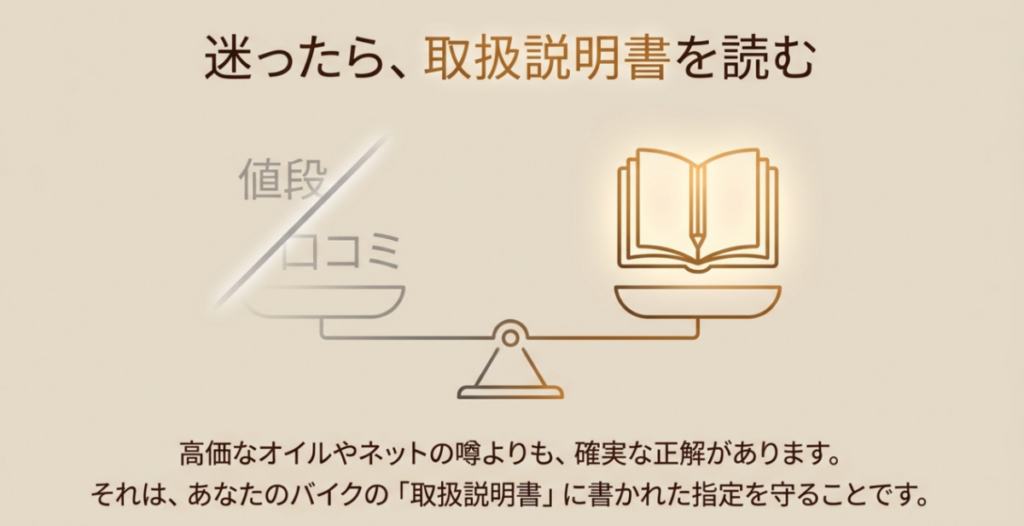 オイルの価格や口コミよりも、自分のスーパーカブの取扱説明書に記載された指定を優先することを示す図