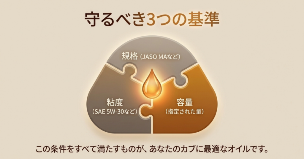 スーパーカブのオイル選びで確認するJASO規格、SAE粘度、指定された容量をパズルの図で示したスライド