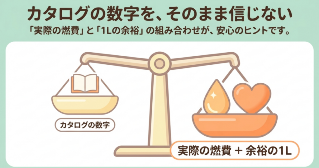 カタログ燃費をそのまま給油目標にせず実燃費と安全余裕1Lを組み合わせて航続距離を考える方法