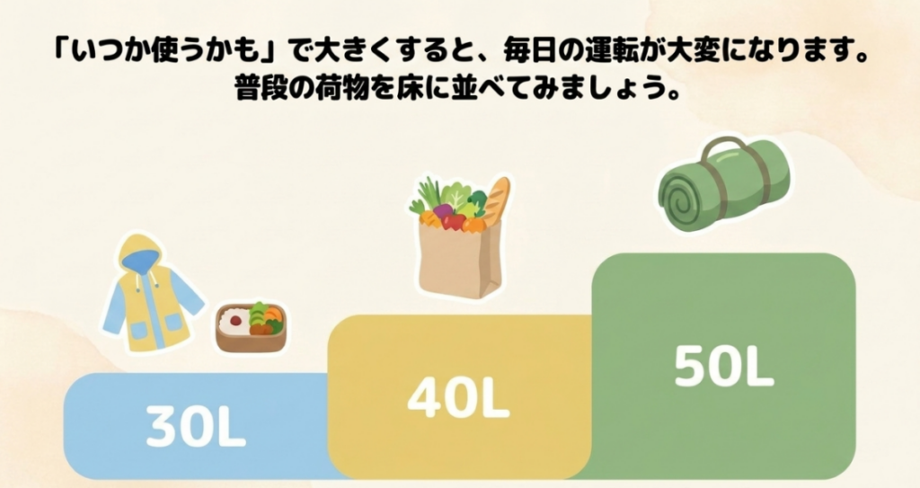 レインウェアや弁当、買い物袋、キャンプ用品を例に30L・40L・50Lのリアボックスを比較した図