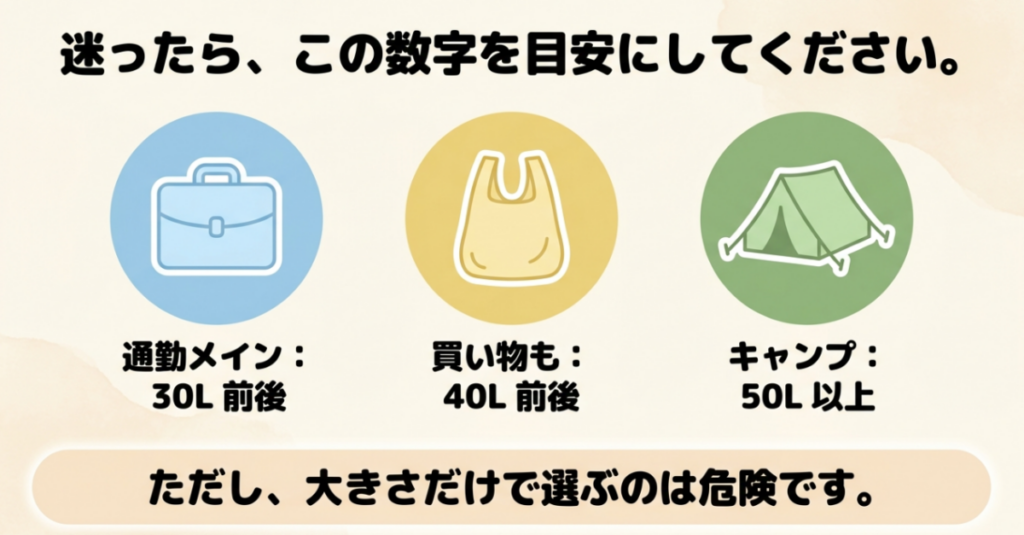 スーパーカブのリアボックスは通勤なら30L前後、買い物なら40L前後、キャンプなら50L以上を目安にする図