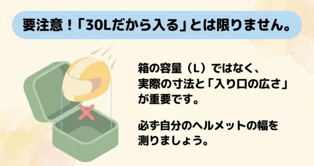 30Lのリアボックスでもヘルメットが入るとは限らず、実寸と開口部の広さを確認する必要があることを示す図
