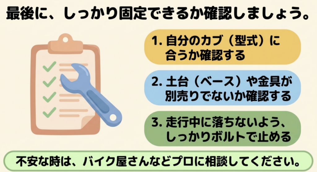 スーパーカブの型式への適合、ベースや金具の付属、走行中に外れない確実な固定を確認するチェックリスト