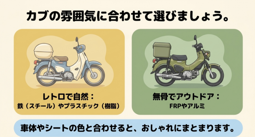 レトロなスーパーカブに合うスチール・樹脂箱と、アウトドア系カブに合うFRP・アルミ箱を比較した図