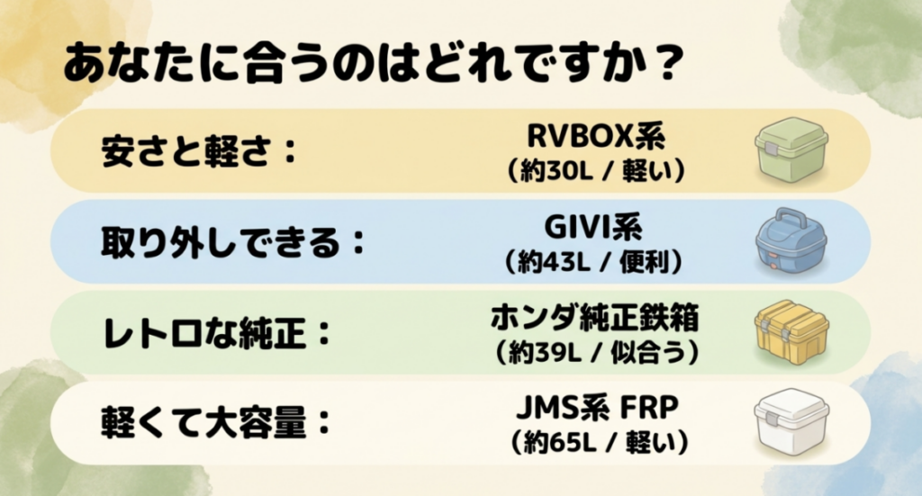 安さと軽さのRVBOX、着脱できるGIVI、レトロなHonda純正鉄箱、軽く大容量のJMS製FRPボックスを比較した図