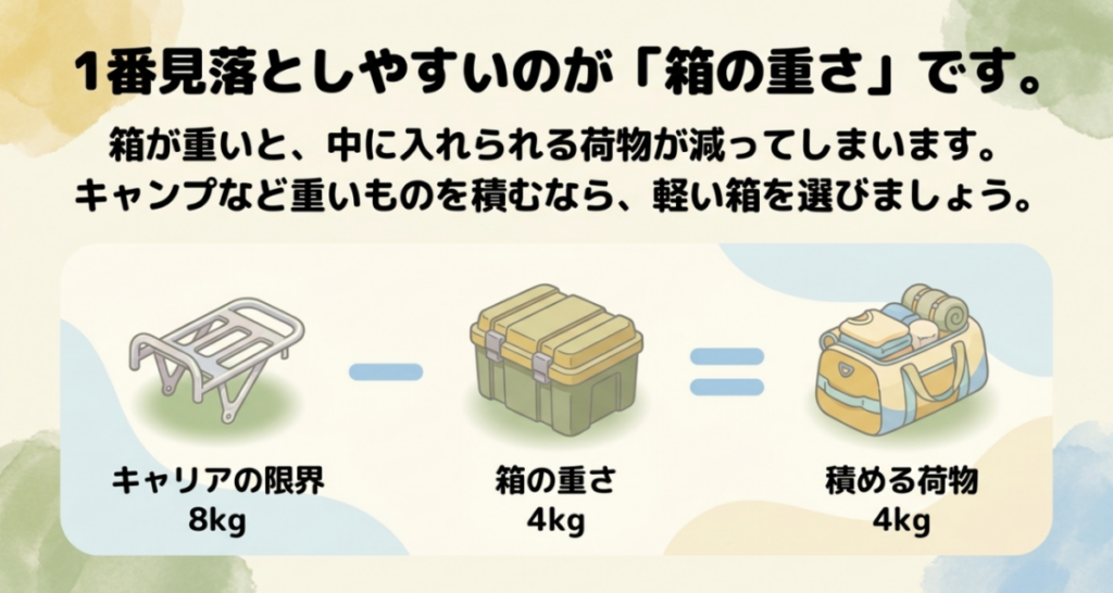 キャリアの耐荷重からリアボックス本体や取付部品の重量を差し引き、積める荷物の重さを考える図