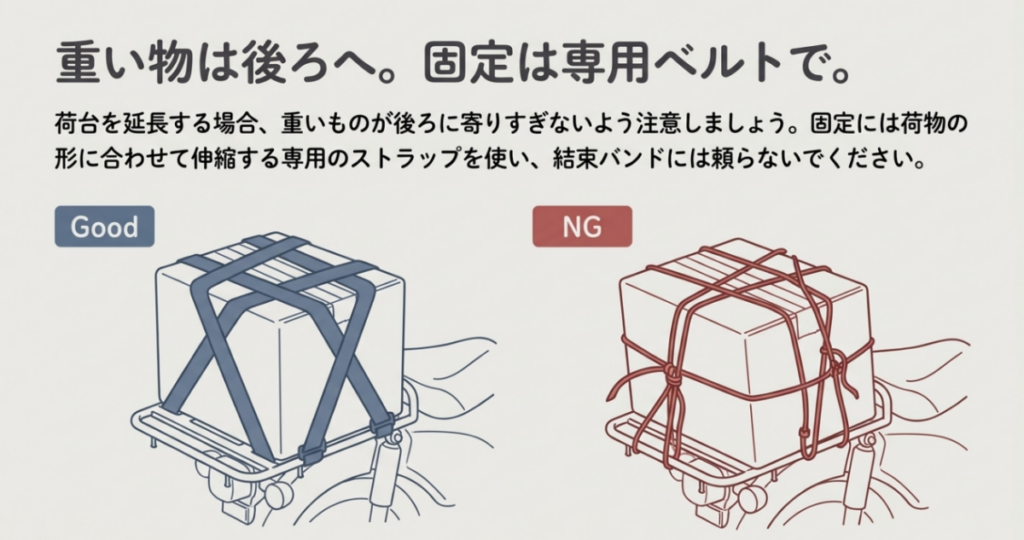 リアキャリアの箱をベルトで固定する例と、ひも状の固定に頼る不適切な例を比較した図