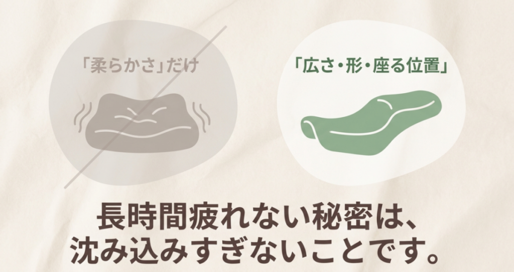 長距離ではシートの柔らかさだけでなく、座面の広さ・形状・座る位置が大切だと示す比較図