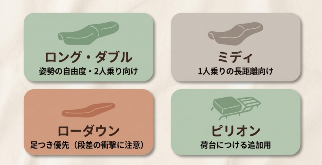 ロング・ダブル、ミディ、ローダウン、ピリオンの4種類について形状と主な用途を比較した図