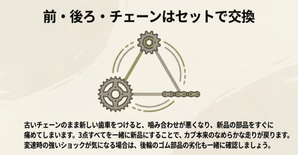 前後のスプロケットとチェーンを3点セットで交換する考え方を示した図