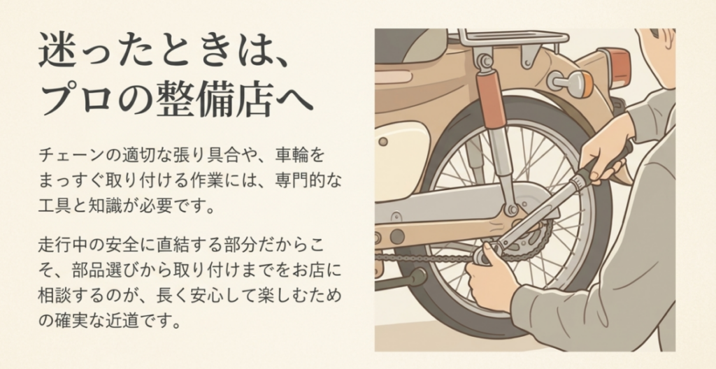 整備士がスーパーカブの後輪とチェーンを工具で点検・整備している図