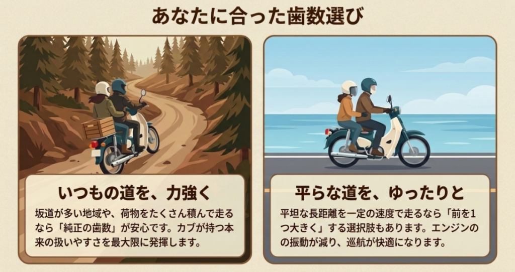 坂道や積載では純正歯数、平坦な長距離ではフロントを1丁増やす選択肢を比較した図