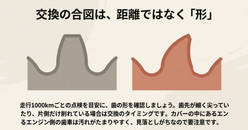 正常なスプロケットの歯と、歯先が尖って片側が削れた交換時期の歯を比較した図