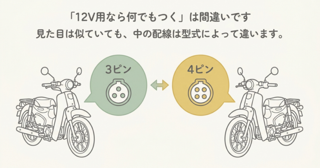 スーパーカブの型式によって異なる3ピンと4ピンの電源カプラーを比較した図