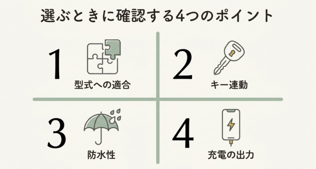 型式への適合、キー連動、防水性、充電出力というスーパーカブUSB電源選びの4つの確認項目