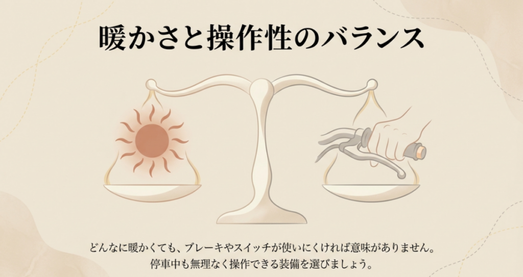 防寒による暖かさと、ブレーキやスイッチを無理なく使える操作性の両立を示した図