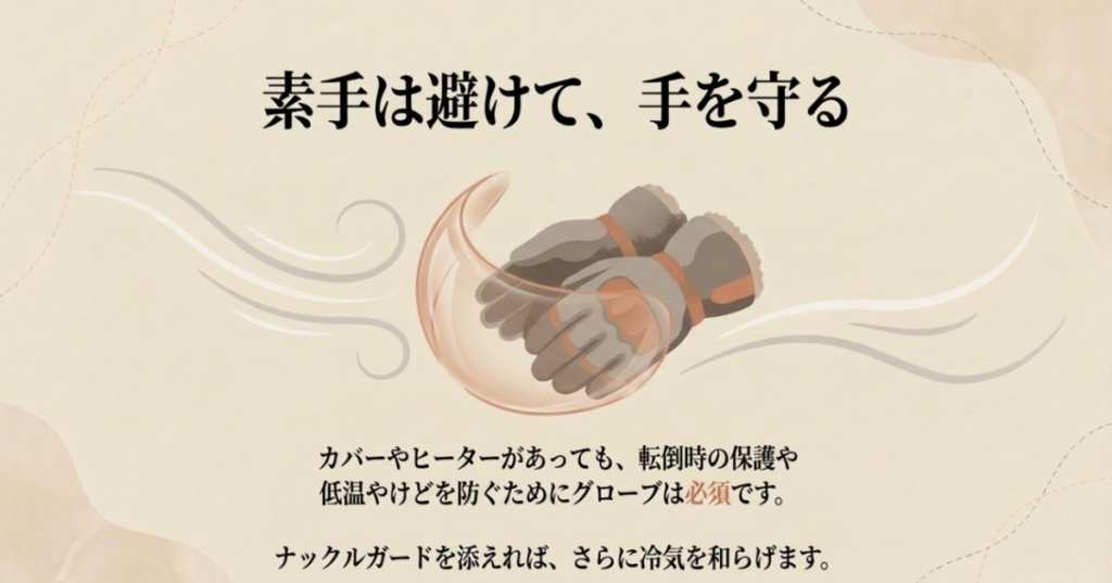 防寒グローブで手を保護し、ナックルガードで手元への走行風を和らげる冬装備を示したスライド