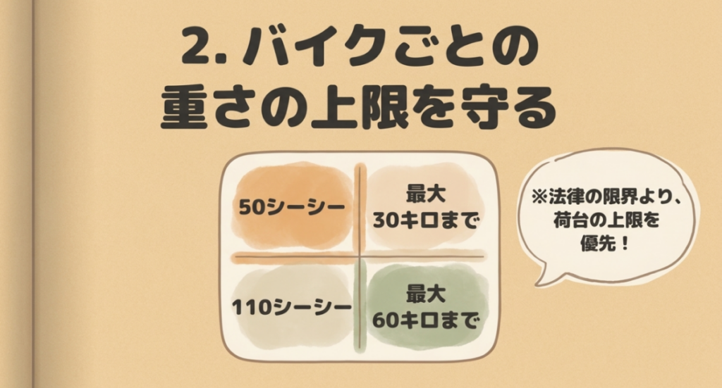 スーパーカブ50ccは最大30kg、110ccは最大60kgで、法律上の限度より荷台の積載上限を優先すると示した図