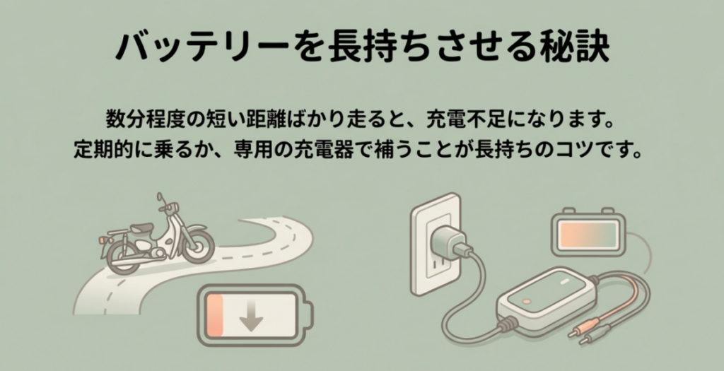 短距離走行による充電不足を避け、定期走行または専用充電器で補充電してバッテリーを長持ちさせる図