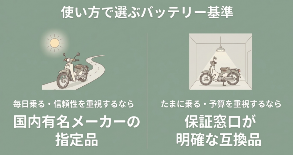 毎日乗るなら国内有名メーカーの指定品、たまに乗り予算を重視するなら保証窓口が明確な互換品を選ぶ比較図