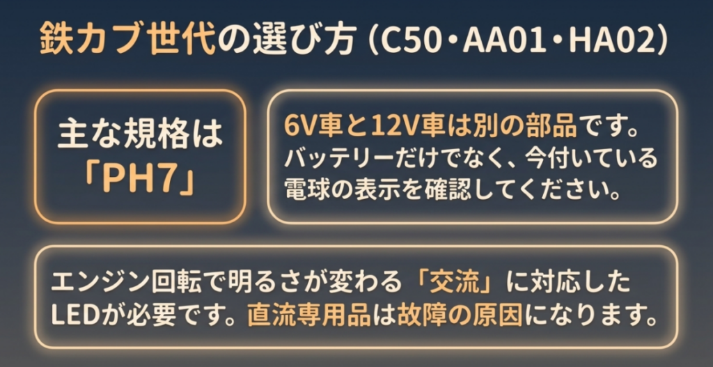 旧型スーパーカブでPH7系の口金、6Vと12Vの違い、交流点灯への対応を確認する図