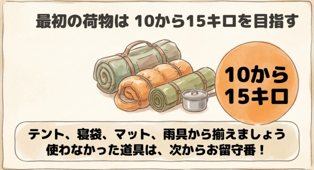 初回の荷物は10〜15kgを目安に、テント、寝袋、マット、雨具から揃えることを示した図