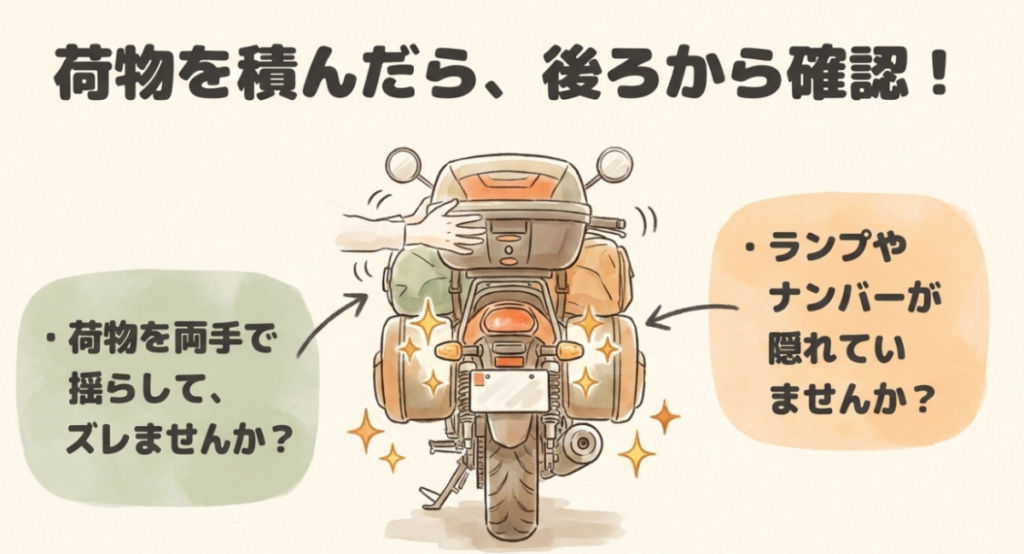 スーパーカブを後方から確認し、荷物を揺らしてずれないか、ランプやナンバーが隠れていないか点検する図