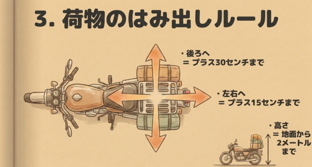 スーパーカブの荷物は後方へ30cm、左右へ各15cm、高さは地面から2mまでと示した積載制限の図